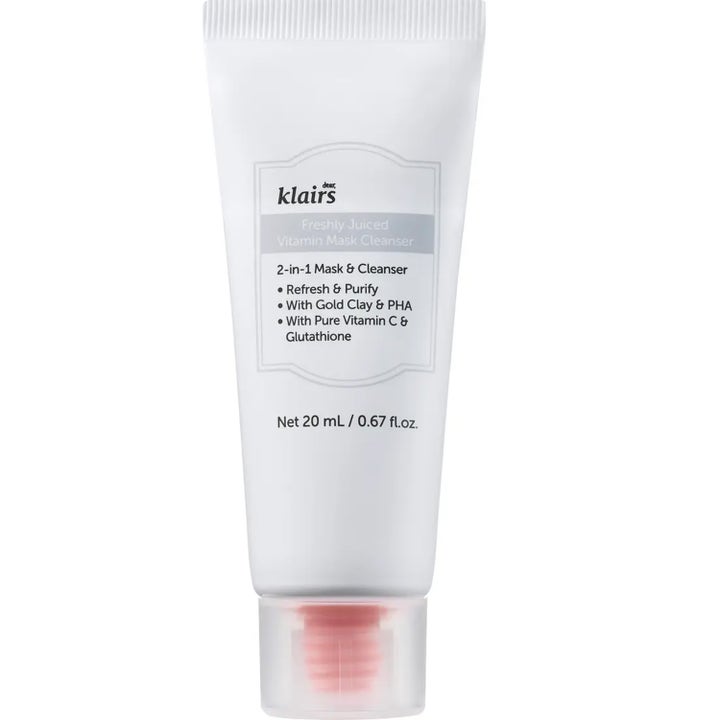 Klairs Freshly Juiced Vitamin Mask Cleanser 20 ml kirkastava puhdistustuote valkoisessa tuubissa