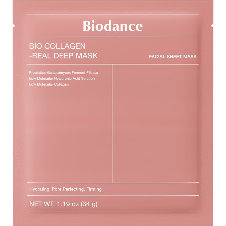 Biodance Bio Collagen Real Deep Mask 34 g kiinteyttävä kangasnaamio vaaleanpunaisessa sachet-pakkauksessa