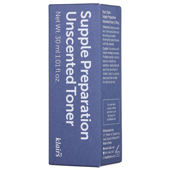 Klairs Supple Preparation Unscented Toner 30 ml kosteuttava kasvovesi sinisessä pahvipakkauksessa.