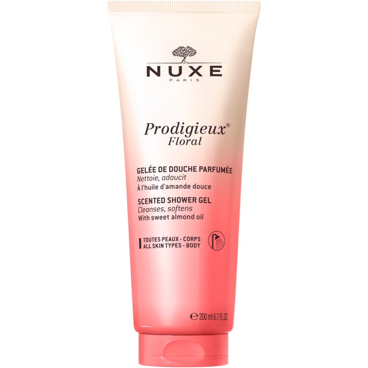 Nuxe Prodigieux Floral 200 ml manteliöljyä sisältävä puhdistava suihkugeeli vaaleanpunaisessa liukuvärjätyssä tuubissa