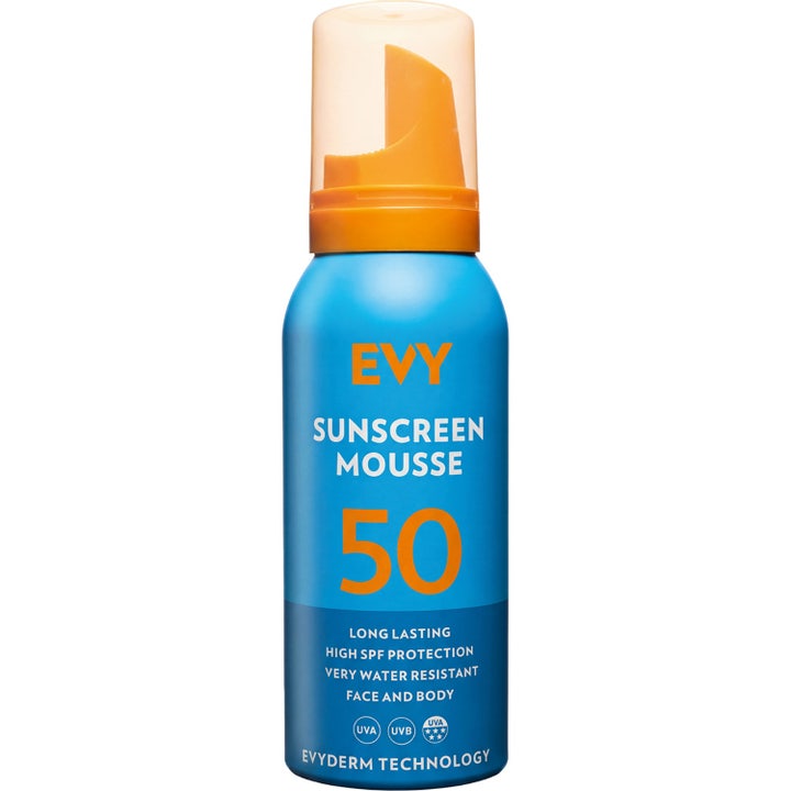 EVY Technology Sunscreen Mousse SPF 50 vedenkestävä aurinkosuojavaahto sinisessä pullossa oranssilla korkilla