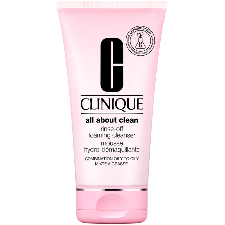 Clinique All About Clean Rinse-Off Foaming Cleanser puhdistusvaahto meikin poistoon vaaleanpunaisessa tuubissa.