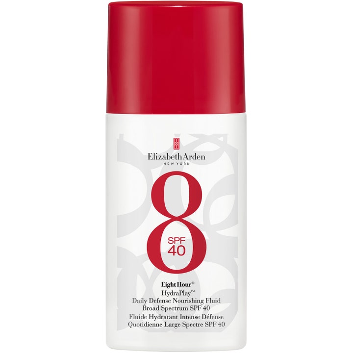 Elizabeth Arden Eight Hour HydraPlay SPF 40 kosteuttava emulsio valkoisessa pullossa, jossa on punainen korkki ja logo.