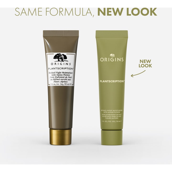 Origins Plantscription Retinol Night Moisturizer 30 ml yövoide tuubissa vanha ja uusi vihreä pakkaus.