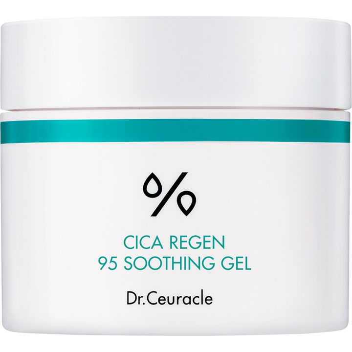 Dr.Ceuracle Cica Regen 95 Soothing Gel rauhoittava kasvogeeli valkoisessa purkissa, jossa on turkoosi raita