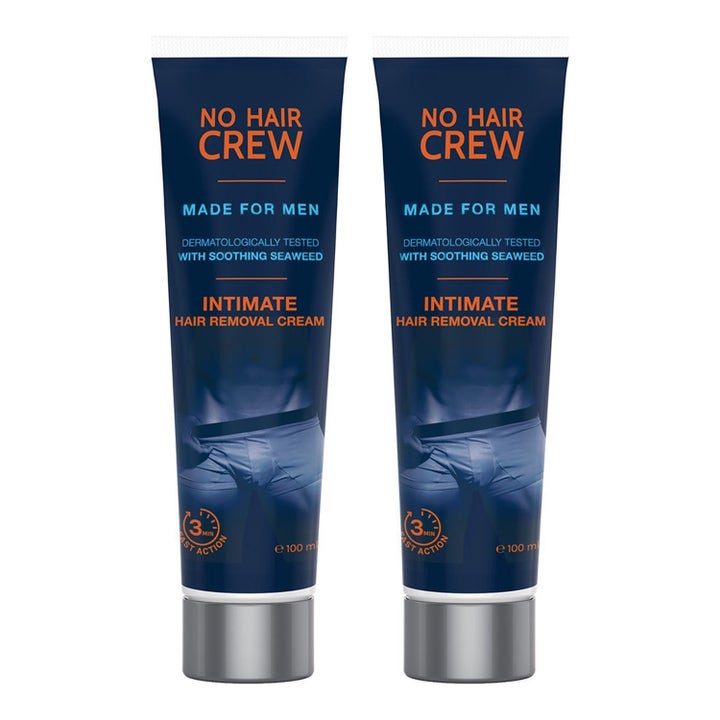 No Hair Crew Intimate Hair Removal Cream 2x100 ml rauhoittava karvanpoistovoide kahdessa tummansinisessä tuubissa.