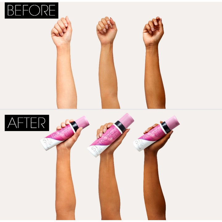 St.Tropez Self Tan Berry Sorbet Bronzing Mousse 200 ml itseruskettava vaahto. Ennen ja jälkeen -tulos eri ihosävyillä.