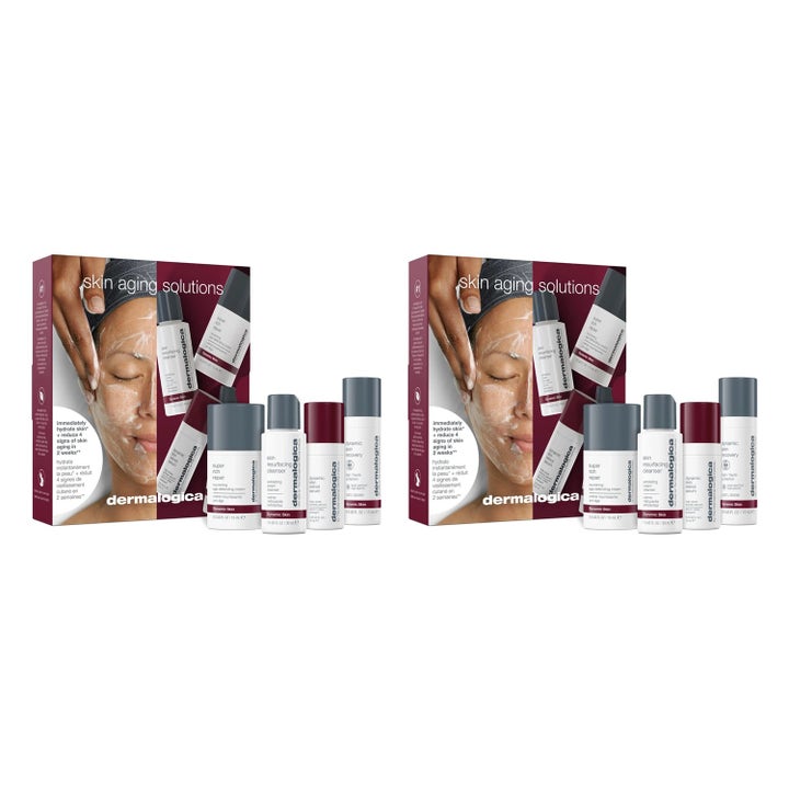 Dermalogica Skin Aging Solutions setti ikääntyvälle iholle sisältää neljä tuotetta harmaissa ja valkoisissa pakkauksissa.
