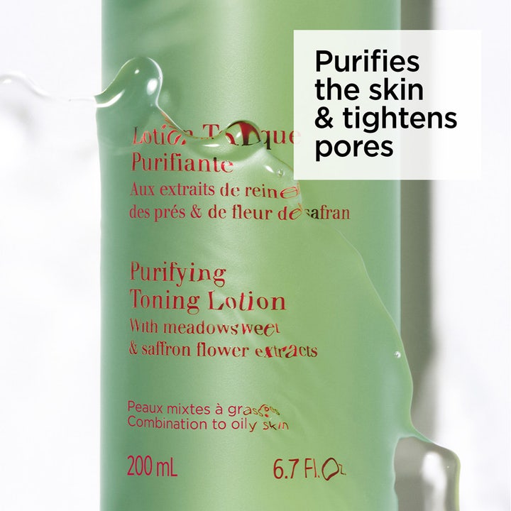 Clarins Purifying Toning Lotion 200 ml puhdistava kasvovesi vihreässä pullossa puhdistaa ihoa ja supistaa ihohuokosia.