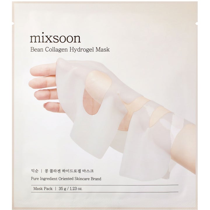 Mixsoon Bean Collagen Hydrogel Mask 35 g kiinteyttävä kasvonaamio, jossa on kuva kädelle asetetusta naamiosta.