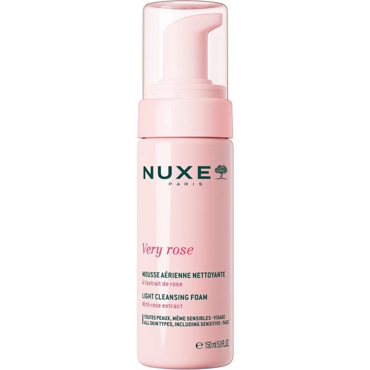 Nuxe Very Rose Light Cleansing Foam 150 ml rauhoittava puhdistusvaahto vaaleanpunaisessa pullossa kirkkaalla korkilla.
