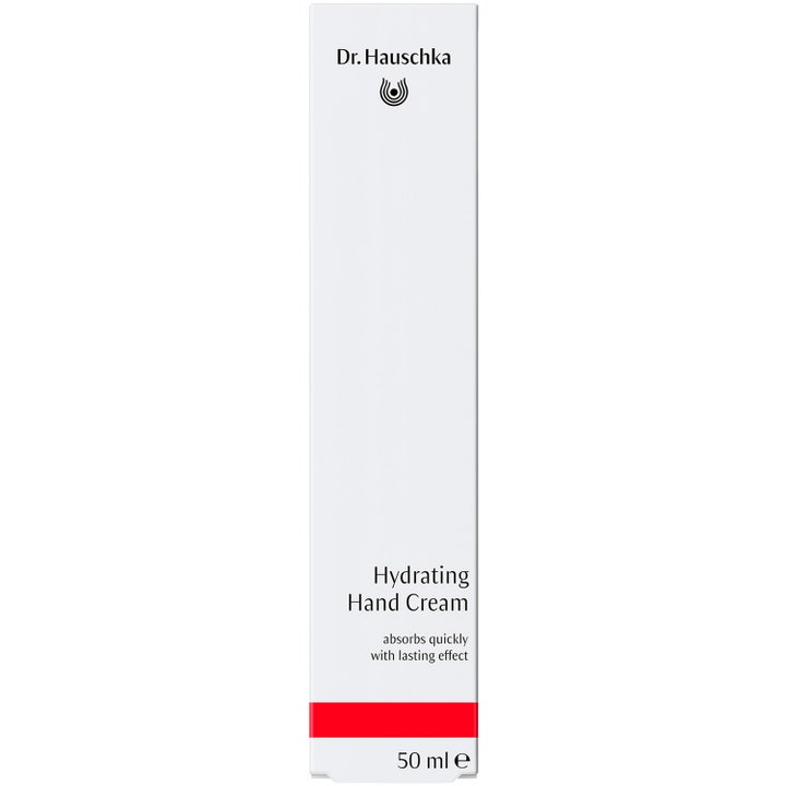 Dr. Hauschka Hand Cream 50 ml kosteuttava käsivoide valkoisessa pahvipakkauksessa punaisella raidalla.