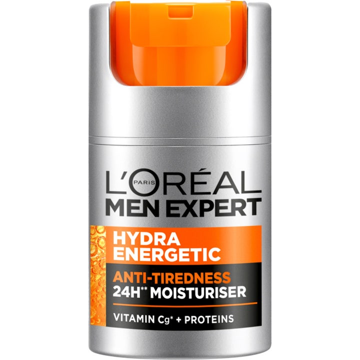 L'Oréal Men Expert Hydra Energetic 24H Moisturiser virkistävä kasvovoide hopeisessa pumppupullossa oranssilla painikkeella