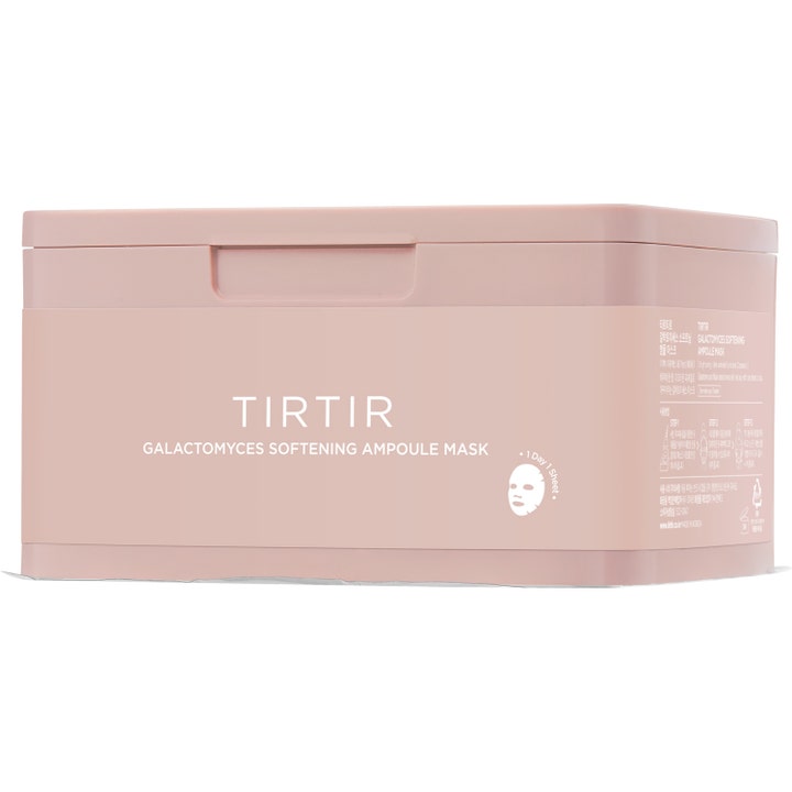 TIRTIR Galactomyces Ampoule Mask 350 g pehmentävä kangasmaski vaaleanpunaisessa rasiassa tekstillä 1 Day 1 Sheet.