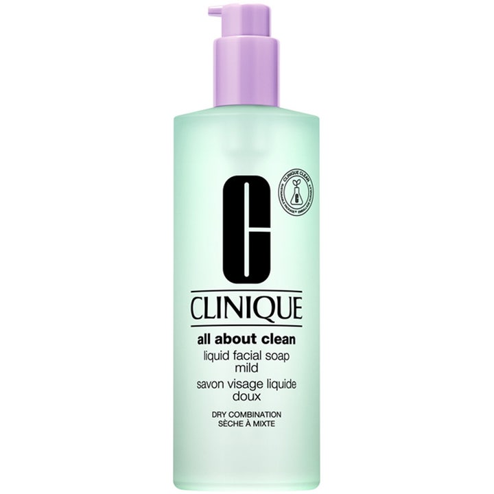 Clinique All About Clean Liquid Facial Soap Mild 200 ml hellävarainen kasvopesu vaaleanvihreässä pullossa lilalla pumpulla