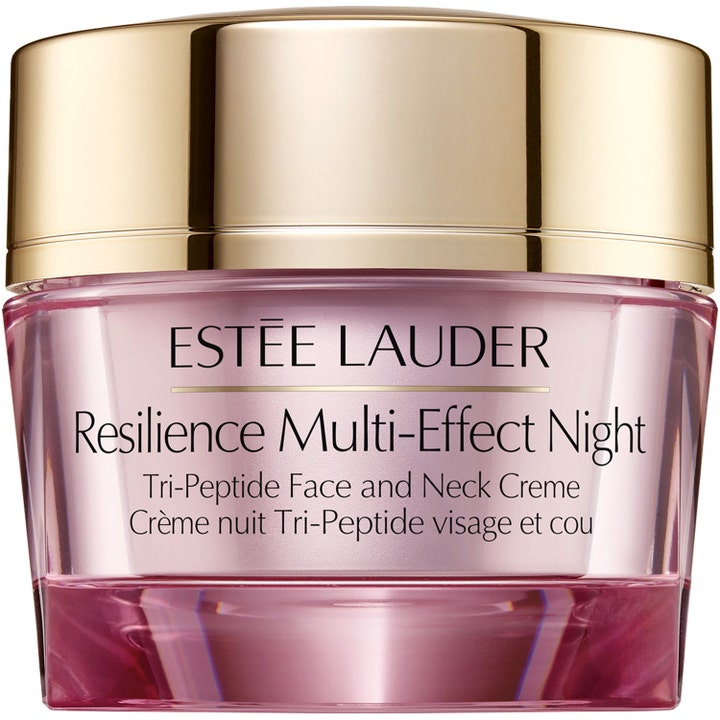 Estée Lauder Resilience Multi-Effect Night kiinteyttävä yövoide vaaleanpunaisessa lasipurkissa kultaisella korkilla