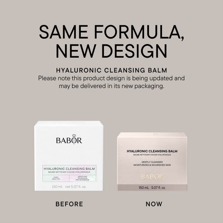 Babor Hyaluronic Cleansing Balm 150 ml kosteuttava puhdistusbalmi esittelee uuden ja vanhan pakkauksen muotoilun.