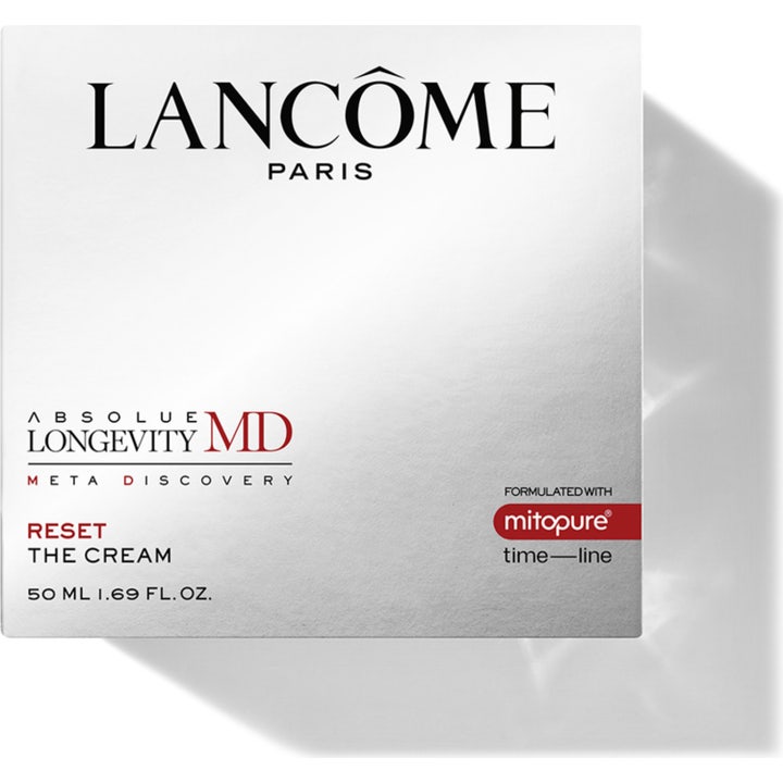 Lancôme Absolue Longevity MD Reset The Cream 50 ml uudistava kasvovoide valkoisessa Mitopure-tekstillä varustetussa pakkauksessa