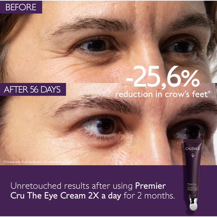 Caudalie Premier Cru The Eye Cream 15 ml silmänympärysvoide vähentää harakanvarpaita 25,6 % ennen ja jälkeen kuvassa.