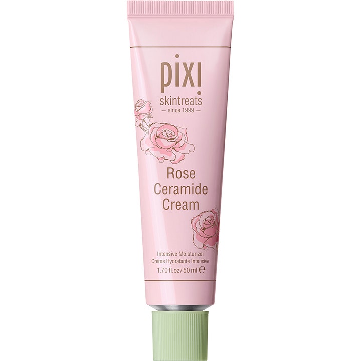 Pixi Rose Ceramide Cream 50 ml syväkosteuttava kasvovoide vaaleanpunaisessa tuubissa ruusukuvioilla ja vihreällä korkilla.
