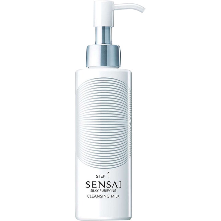 Sensai Silky Purifying Cleansing Milk puhdistava puhdistusmaito valkoinen pumppupullo hopeisella pumpulla.