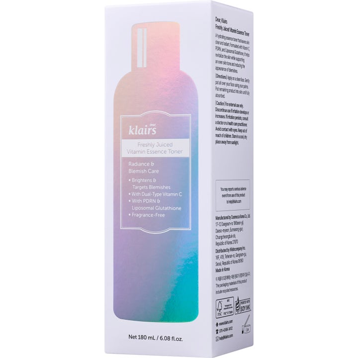 Klairs Freshly Juiced Vitamin Essence Toner 180 ml kirkastava kasvovesi sateenkaarenhohtoisessa pakkauksessa.