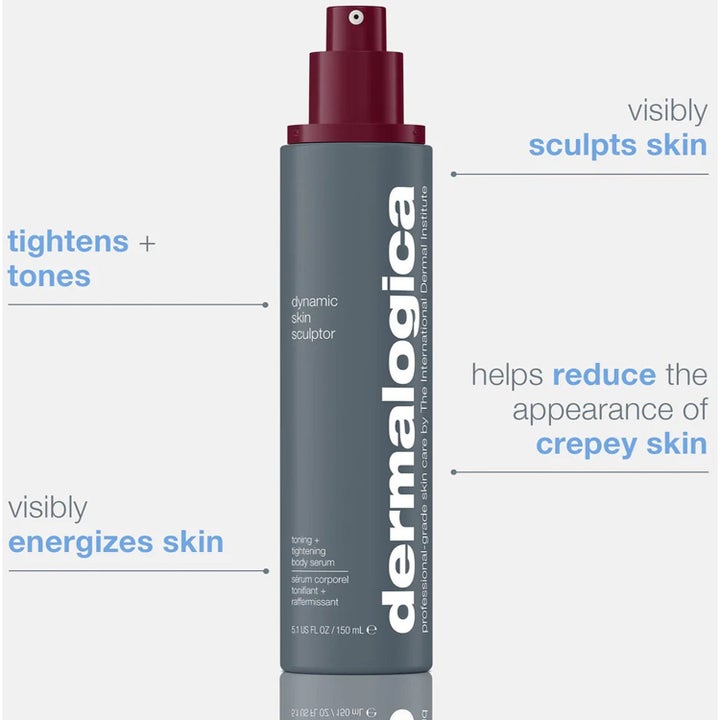Dermalogica Dynamic Skin Sculptor 150 ml kiinteyttävä vartaloseerumi harmaassa pullossa viininpunaisella pumpulla.