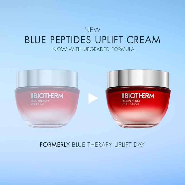 Biotherm Blue Peptides Uplift Cream 30 ml kiinteyttävä päivävoide uudessa punaisessa lasipurkissa hopeakannella.