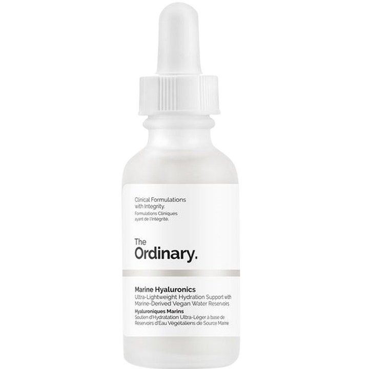 The Ordinary Marine Hyaluronics 30ml ultrakevyt kosteuttava seerumi himmeässä lasipullossa valkoisella pipetillä.