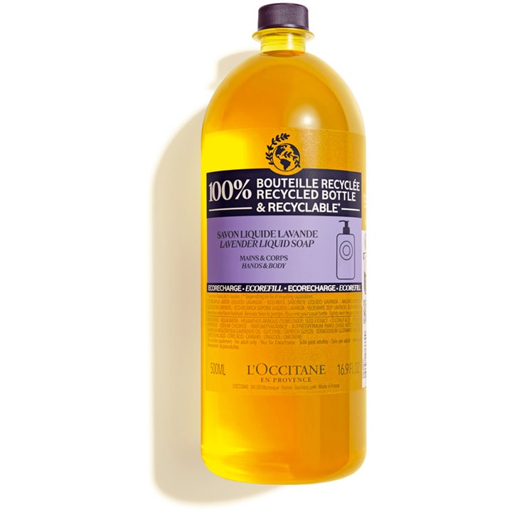 L'Occitane Lavender Liquid Soap 500ml puhdistava nestesaippua keltaisessa kierrätysmuovipullossa violetilla etiketillä.