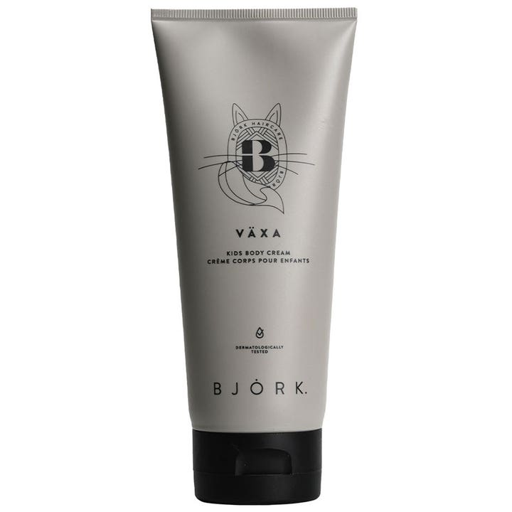 Björk Växa Kids Body Cream 200 ml kosteuttava vartalovoide harmaassa tuubissa mustalla korkilla