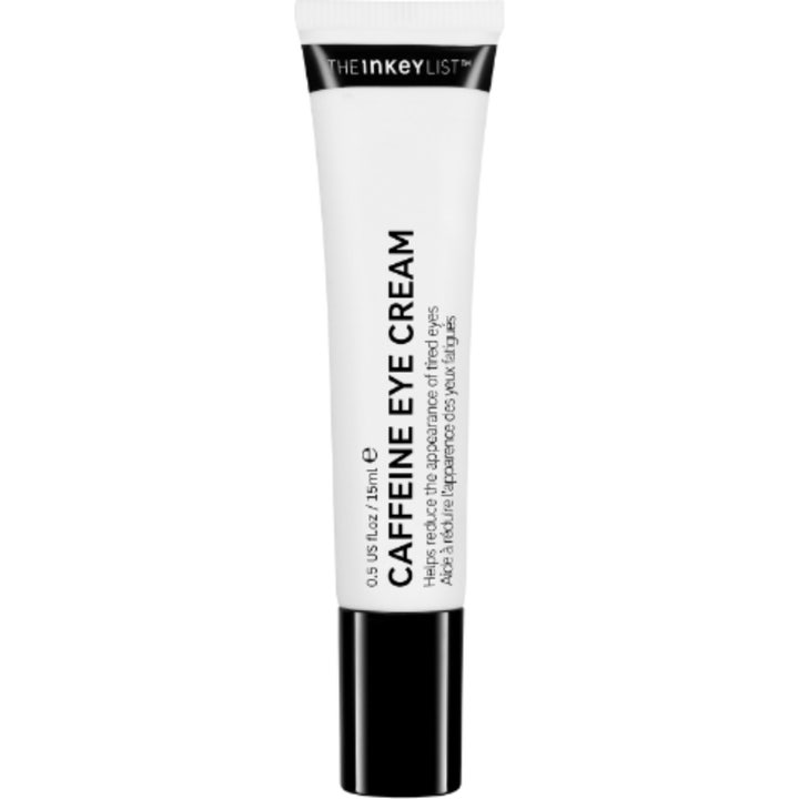 The Inkey List Caffeine Eye Cream 15ml kofeiinia sisältävä silmänympärysvoide valkoisessa tuubissa mustalla korkilla.