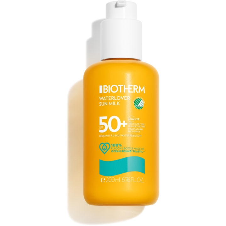 Biotherm Waterlover Sun Milk 200 ml aurinkovoide SPF 50+ keltaisessa muovipullossa, jossa on valkoinen pumppu.