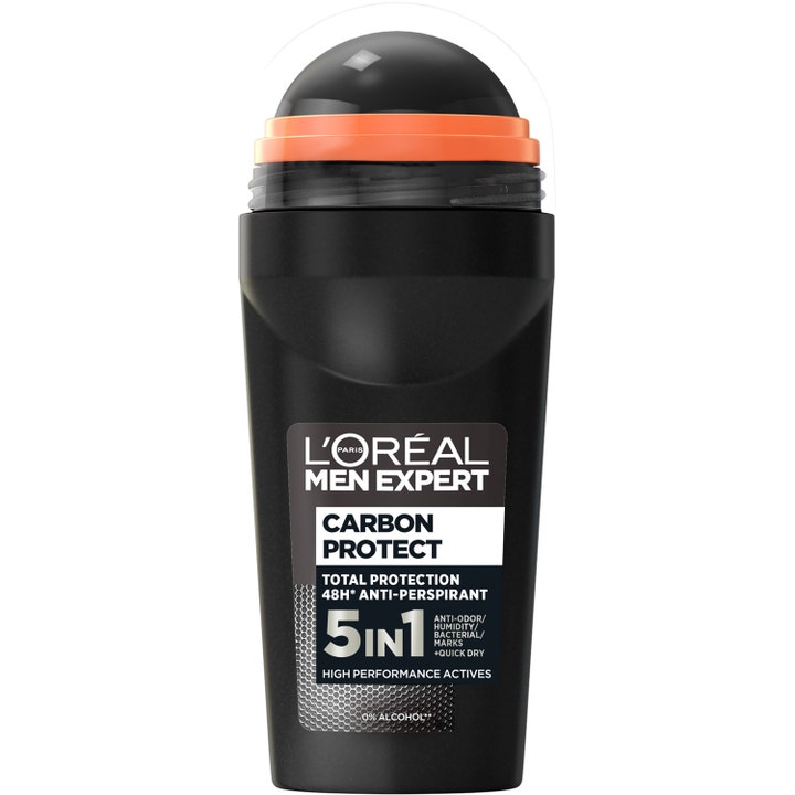 L'Oréal Men Expert Carbon Protect 5in1 50 ml antiperspirantti antaa 48h suojan mustassa pullossa oranssilla tehosteella.
