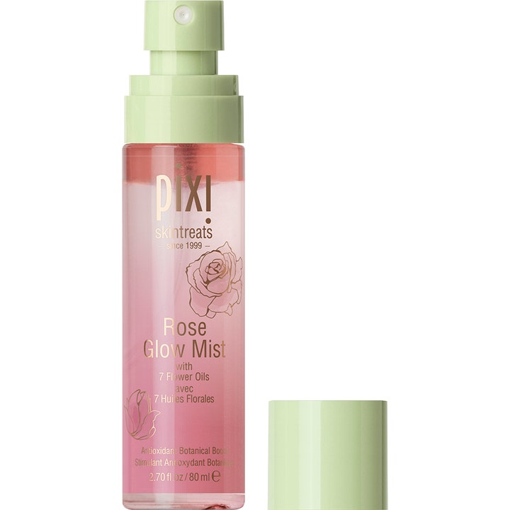 Pixi Rose Glow Mist 80 ml heleyttävä kasvosuihke pinkillä nesteellä ja vaaleanvihreällä suihkepäällä.