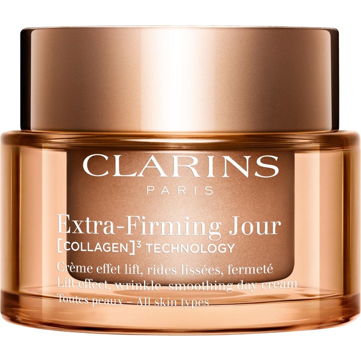 Clarins Extra-Firming Jour kiinteyttävä päivävoide tyylikkäässä ruusukultaisessa lasipurkissa metallinhohtoisella kannella