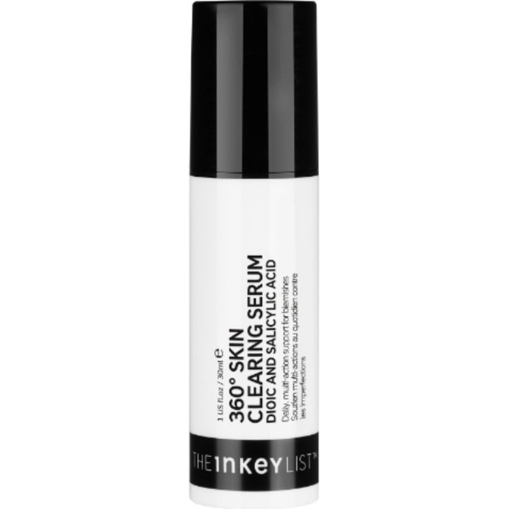 The Inkey List 360° Skin Clearing Serum 30 ml epäpuhtauksia vähentävä seerumi valkoisessa pullossa mustalla korkilla