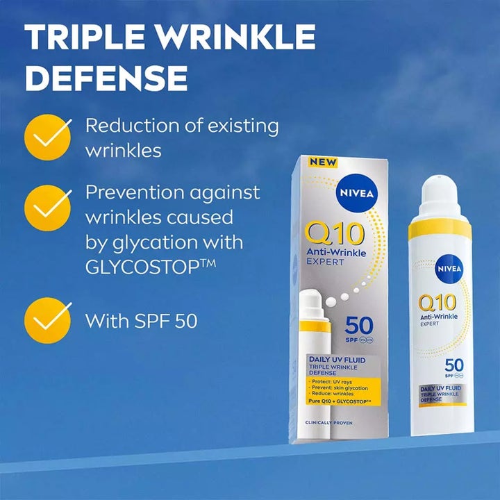 NIVEA Q10 Anti-Wrinkle Expert Daily UV Fluid 40 ml SPF 50 ryppyjä silottava päivävoide ja pakkaus