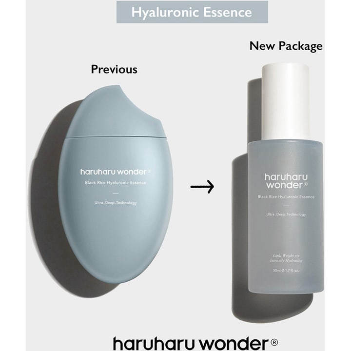Haruharu wonder Black Rice Hyaluronic Essence 50 ml kosteuttava hoitoneste uudessa ja vanhassa pullossa.