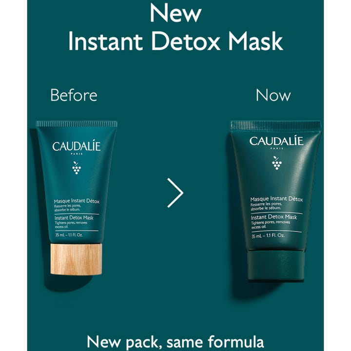 Caudalie Instant Detox Mask 35 ml syväpuhdistava kasvonaamio supistaa huokosia vertaillen uutta ja vanhaa pakkausta