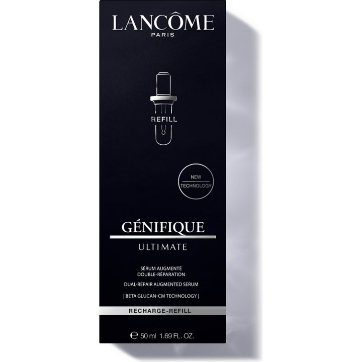 Lancôme Génifique Ultimate Serum Refill 50 ml korjaava seerumi mustassa pahvipakkauksessa hopeisilla teksteillä.