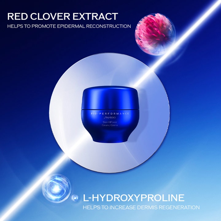 Shiseido BioPerformance Skin HiForce Cream 50 ml uudistava kasvovoide puna-apilauutteella ja L-hydroksiproliinilla.