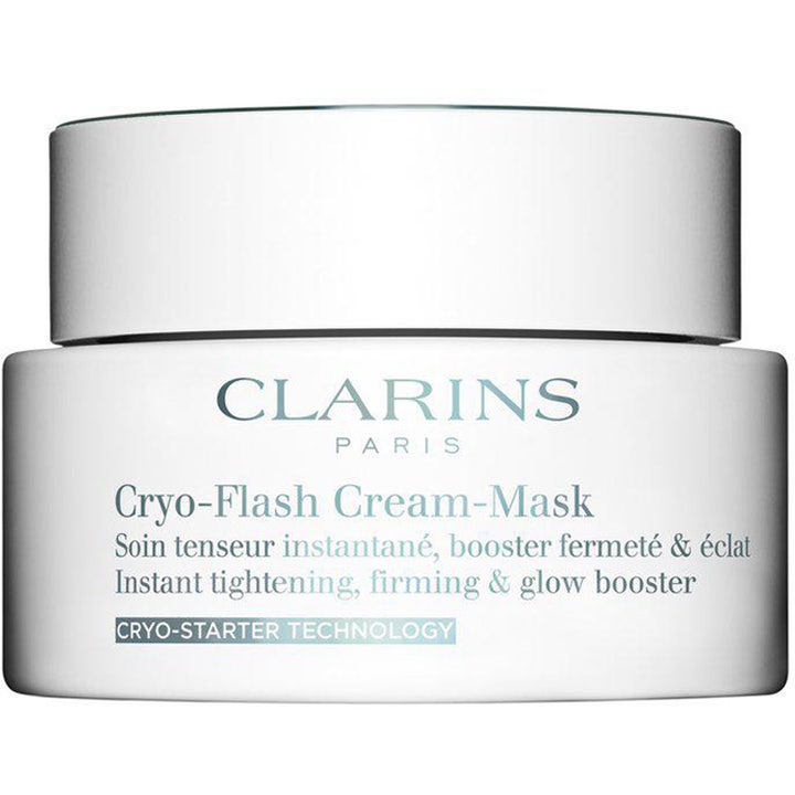 Clarins Cryo-Flash Cream-Mask 75 ml kiinteyttävä kasvonaamio vaaleansinisessä purkissa hopeisella korkilla
