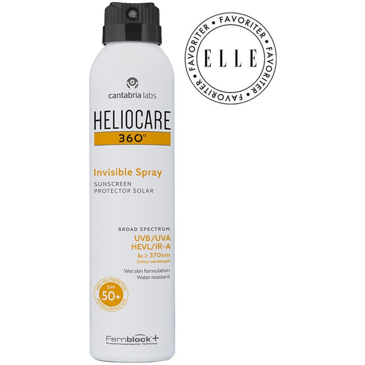Heliocare Invisible Spray SPF 50+ 200 ml aurinkosuoja vartalolle valkoisessa suihkepullossa mustalla korkilla.