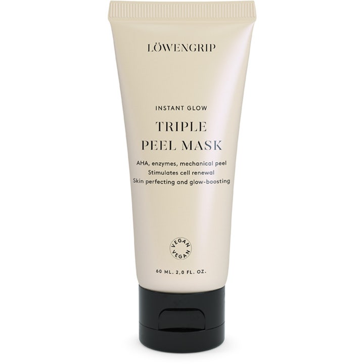 Löwengrip Instant Glow Triple Peel Mask 60 ml kirkastava kuoriva kasvonaamio beigessä tuubissa mustalla korkilla.
