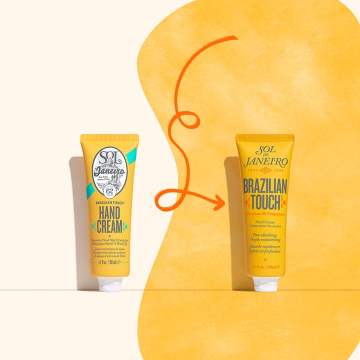 Sol de Janeiro Brazilian Touch Hand Cream 50 ml kosteuttava käsivoide keltaisessa tuubissa oranssilla nuolella.