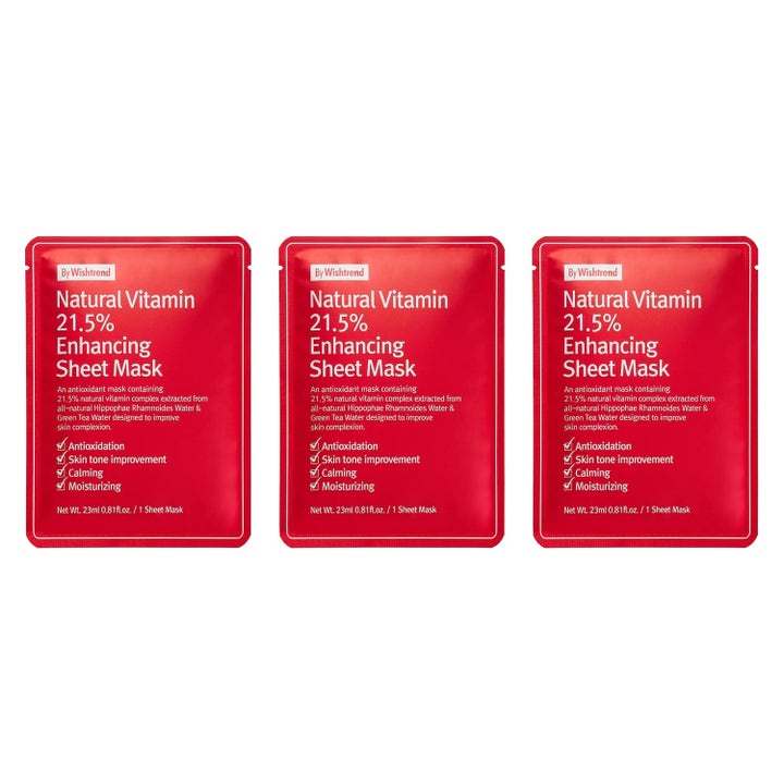 By Wishtrend Natural Vitamin 21.5% Enhancing Sheet Mask 23 ml heleyttävä kangasnaamio kolmessa punaisessa pakkauksessa