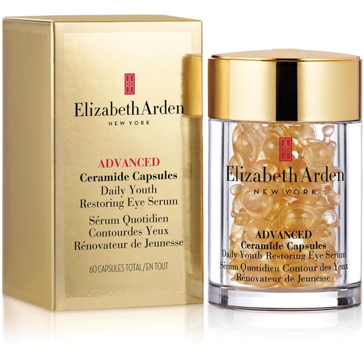 Elizabeth Arden Advanced Ceramide Capsules 60 kpl uudistava silmänympärysseerumi kultaisessa purkissa ja rasiassa