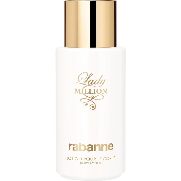 Rabanne Lady Million 200 ml kosteuttava vartalovoide tyylikkäässä valkoisessa pullossa jossa on kultainen korkki