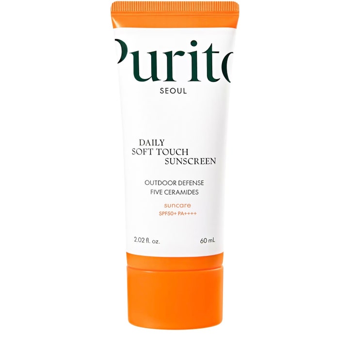 Purito Seoul Daily Soft Touch Sunscreen 60 ml keramideja sisältävä aurinkovoide valkoisessa oranssikorkkisessa tuubissa